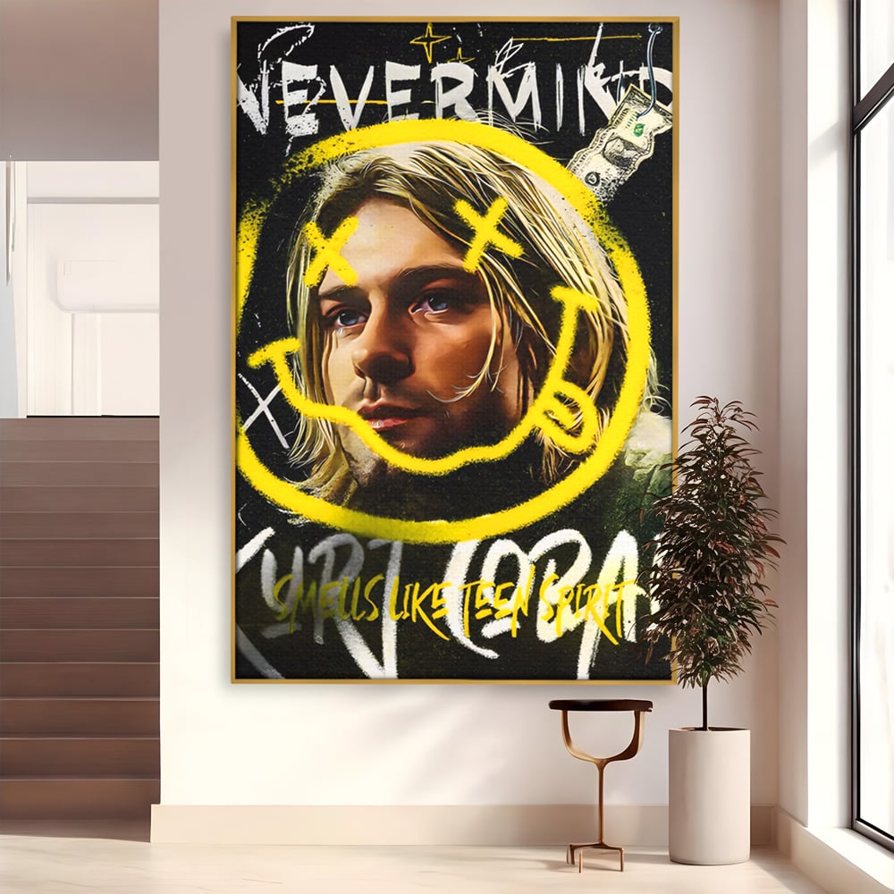 Tablou canvas cu tablou canvas cu portretul lui kurt cobain, in rama de aluminiu auriu